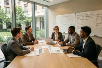 Réunion de copropriété autour d'une table avec des résidents en discussion pour résoudre un conflit