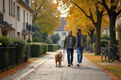 Couple se promenant dans une rue résidentielle bordée de villas en pierre à Maisons-Laffitte