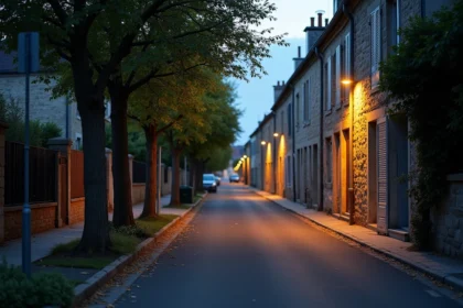 Rue résidentielle calme de Tassin-la-Demi-Lune au crépuscule avec des platanes et des bâtiments en pierre