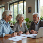 Seniors discutant autour d'une table avec documents et ordinateur