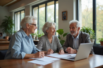 Seniors discutant autour d'une table avec documents et ordinateur