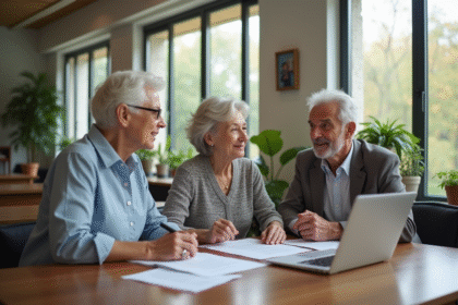 Seniors discutant autour d'une table avec documents et ordinateur