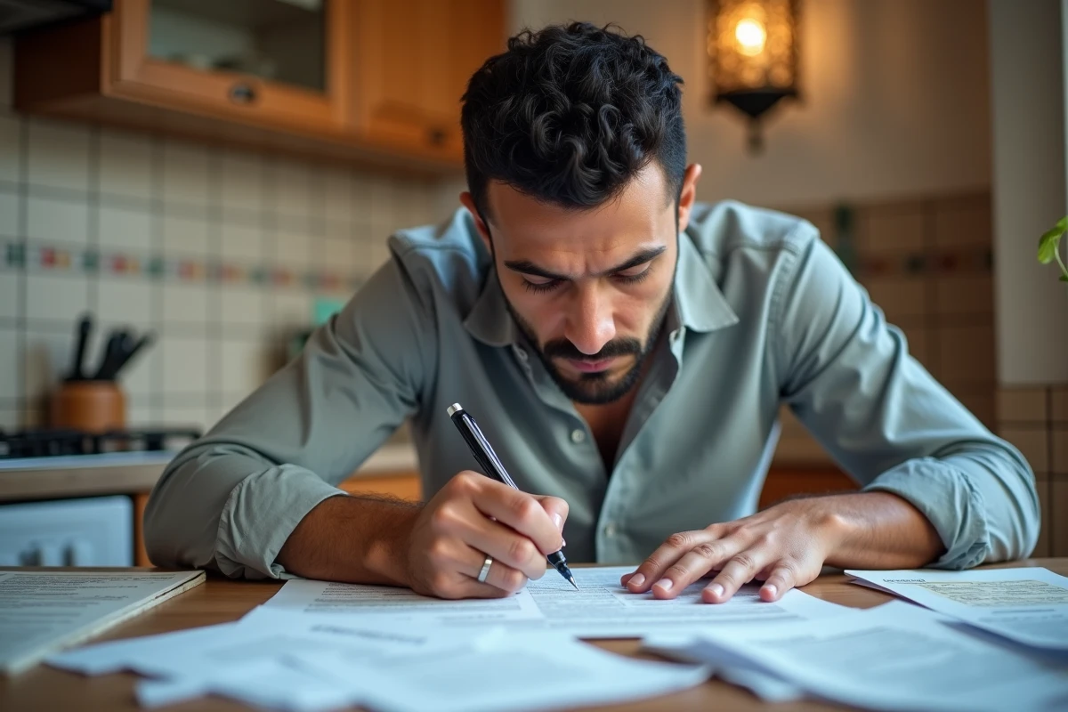 Un homme signe précipitamment des documents immobiliers sans les lire attentivement, illustrant les risques d'une signature hâtive