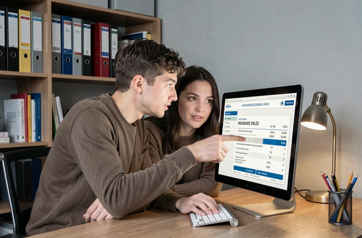 Couple réalisant ensemble une simulation de devis assurance habitation sur un ordinateur de bureau à domicile