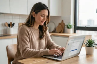 Femme faisant une simulation de devis assurance habitation sur son ordinateur portable dans sa cuisine moderne