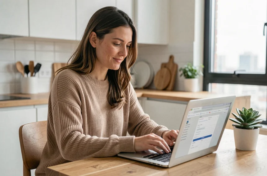Femme faisant une simulation de devis assurance habitation sur son ordinateur portable dans sa cuisine moderne