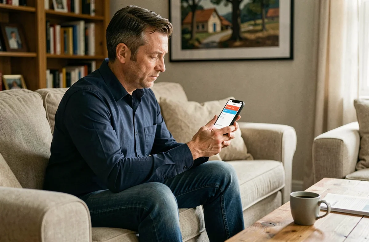 Homme consultant une simulation de devis assurance habitation sur son smartphone dans un salon confortable