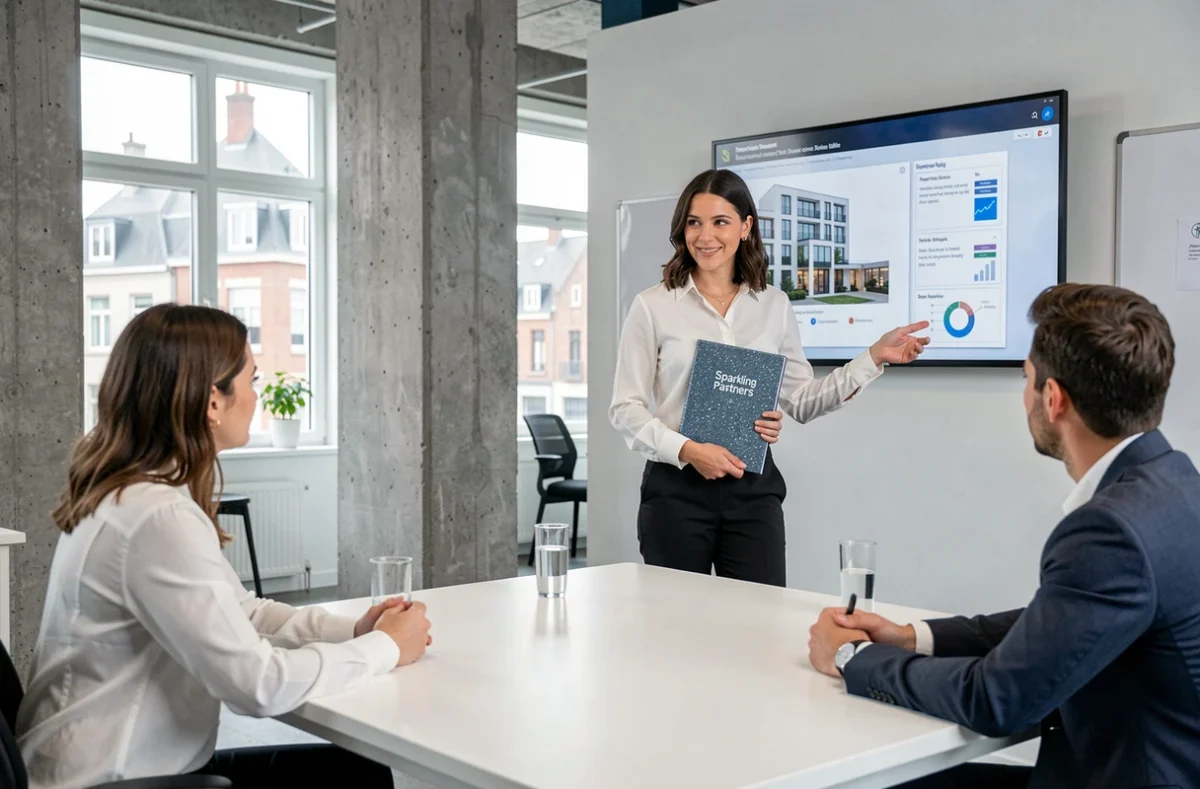 Professionnelle de Sparkling Partners présentant un bilan de diagnostic immobilier dans un espace moderne à Lille