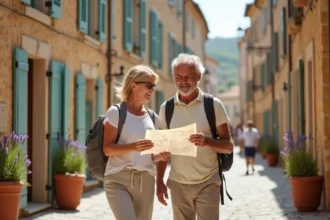 Couple de touristes se promenant dans une rue pittoresque du centre historique d'Alès pendant leurs vacances