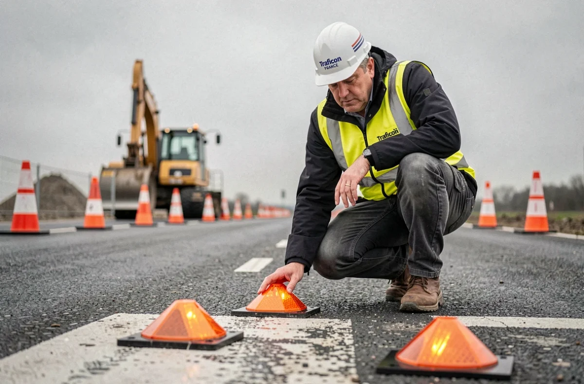 Expert de Traficon France inspectant des équipements de signalisation routière sur un chantier du Nord