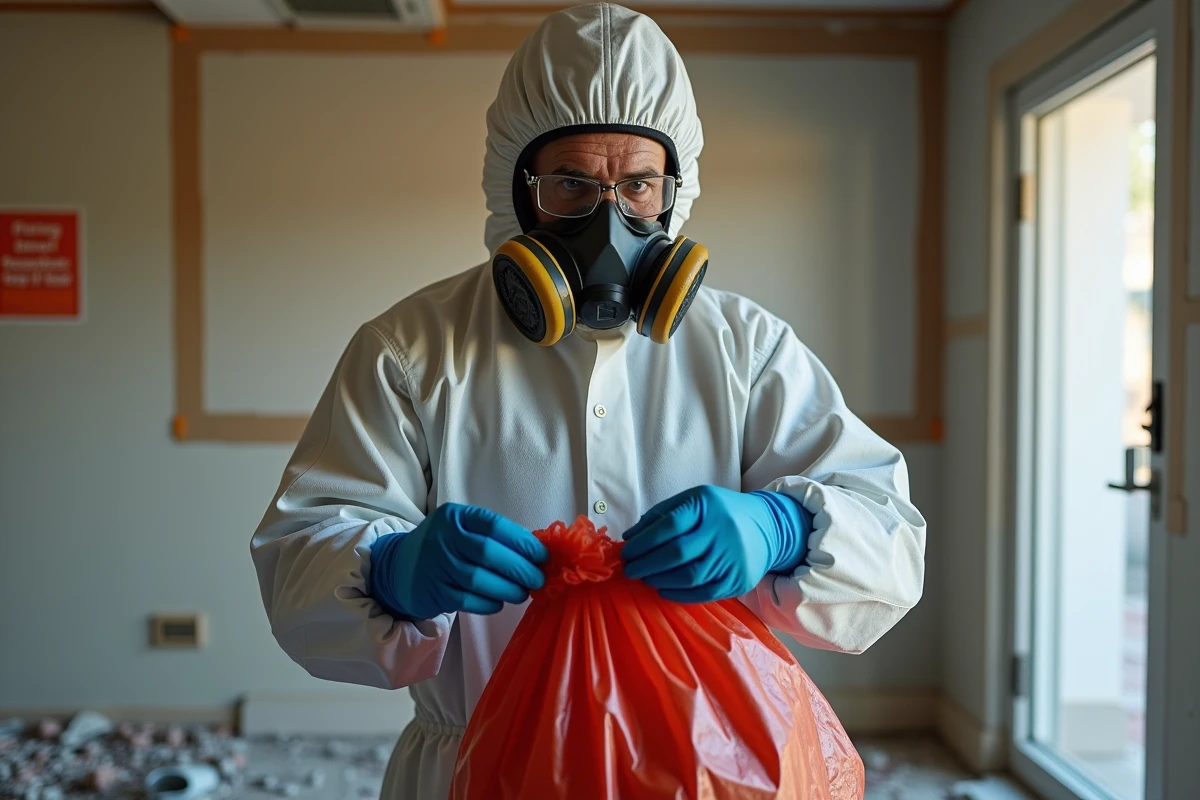 Ouvrier spécialisé en combinaison de protection retirant des matériaux amiantés dans un appartement en cours de désamiantage