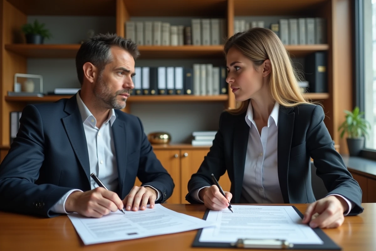 Vendeur et acheteur immobilier discutant d'un contrat de vente avec un rapport de diagnostic amiante sur la table