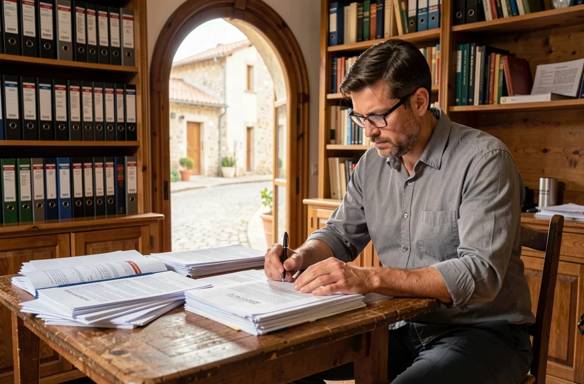 Homme consultant des actes de propriété chez un notaire pour vérifier une maison gratuite en PACA