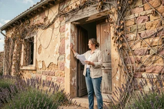Femme examinant une maison abandonnée en pierre en PACA avec des documents officiels à la main