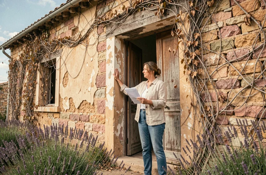 Femme examinant une maison abandonnée en pierre en PACA avec des documents officiels à la main