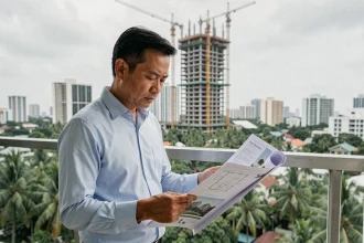 Acheteur immobilier vérifiant les documents d'un promoteur de condominium sur une terrasse à Bangkok avec vue sur les gratte-ciels
