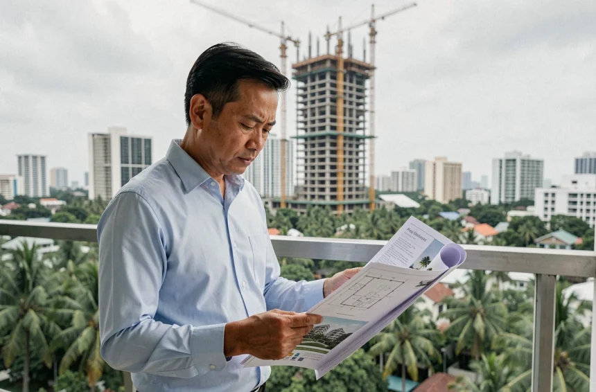 Acheteur immobilier vérifiant les documents d'un promoteur de condominium sur une terrasse à Bangkok avec vue sur les gratte-ciels