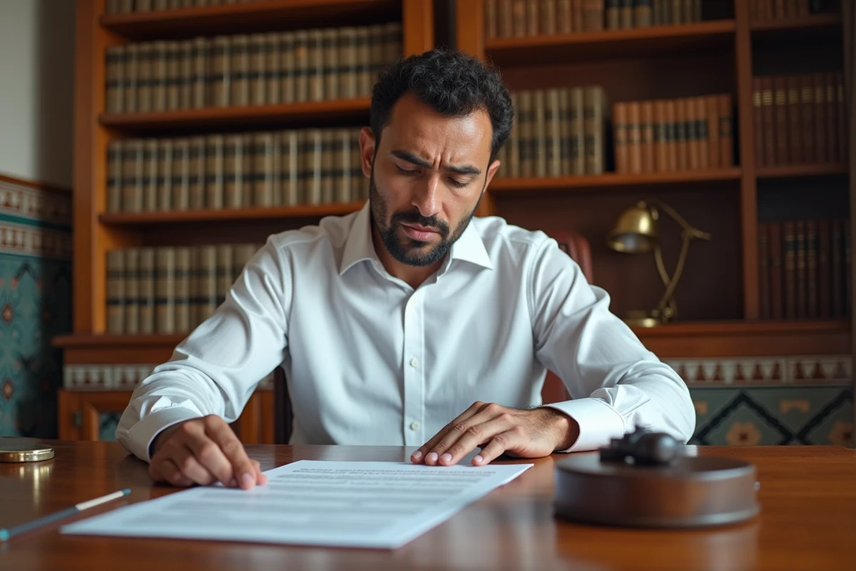 Un homme marocain examine attentivement des documents de titre de propriété dans un bureau notarial pour vérifier la situation légale d'un bien