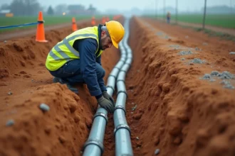 Ingénieur civil inspectant des canalisations souterraines lors de la viabilisation d'un terrain en 2026
