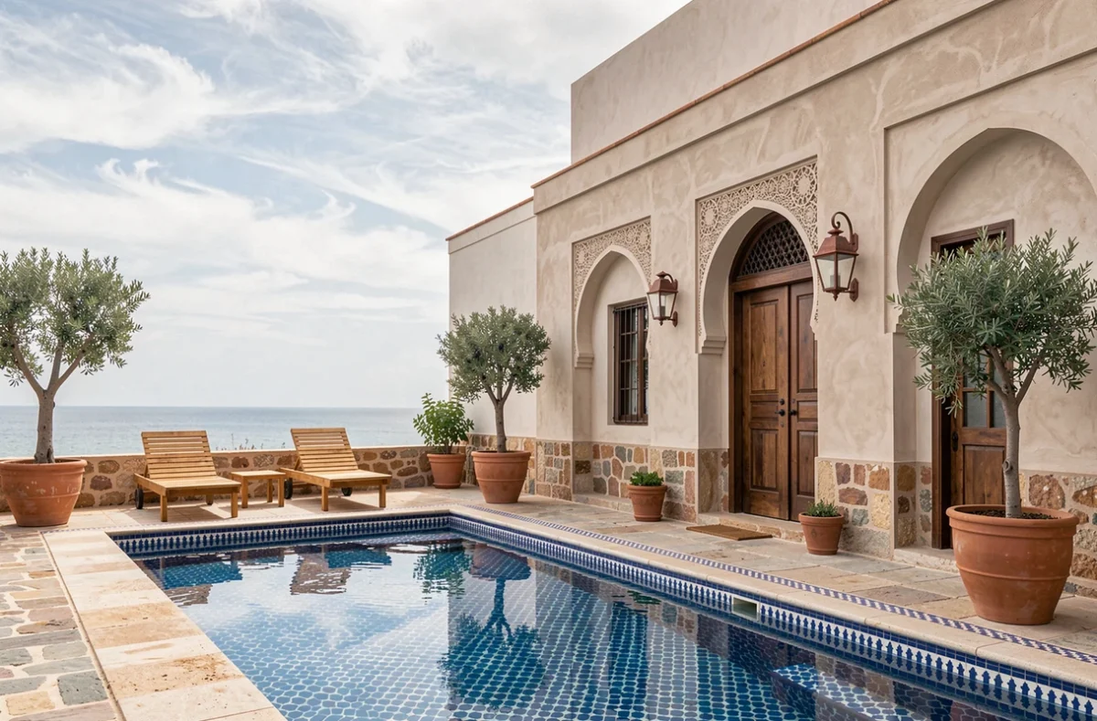 Vue extérieure d'une villa marocaine avec grande piscine privée en carrelage zellige à Essaouira