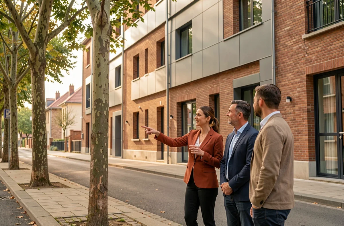 Immeuble résidentiel mixte livré par VINCI Immobilier en Seine-Saint-Denis avec une agent commerciale présentant le programme à des acheteurs