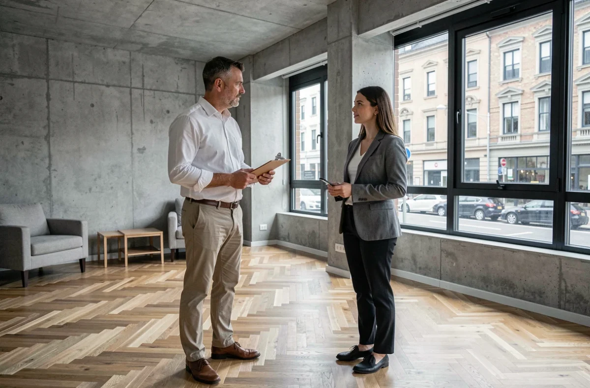 Propriétaire et locataire potentiel en visite d'appartement pour une location entre particuliers