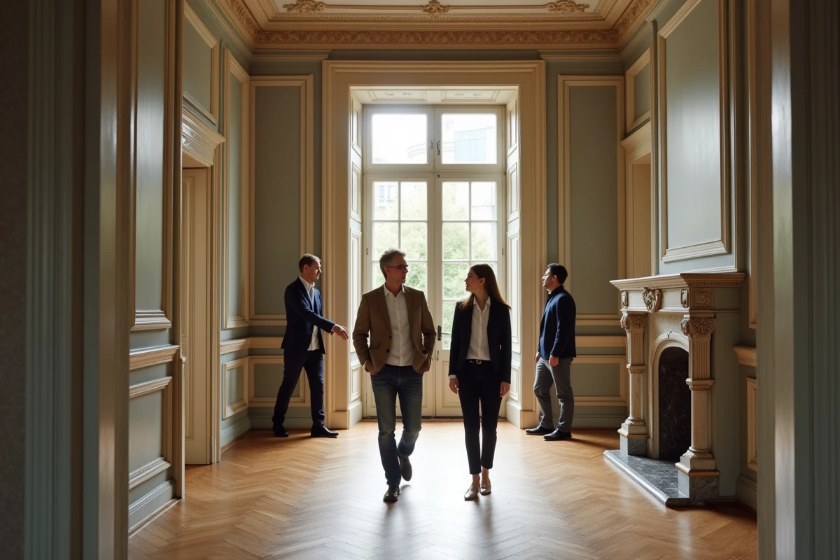 Couple visitant un appartement haussmannien de luxe accompagné d'un agent immobilier spécialisé en biens de prestige