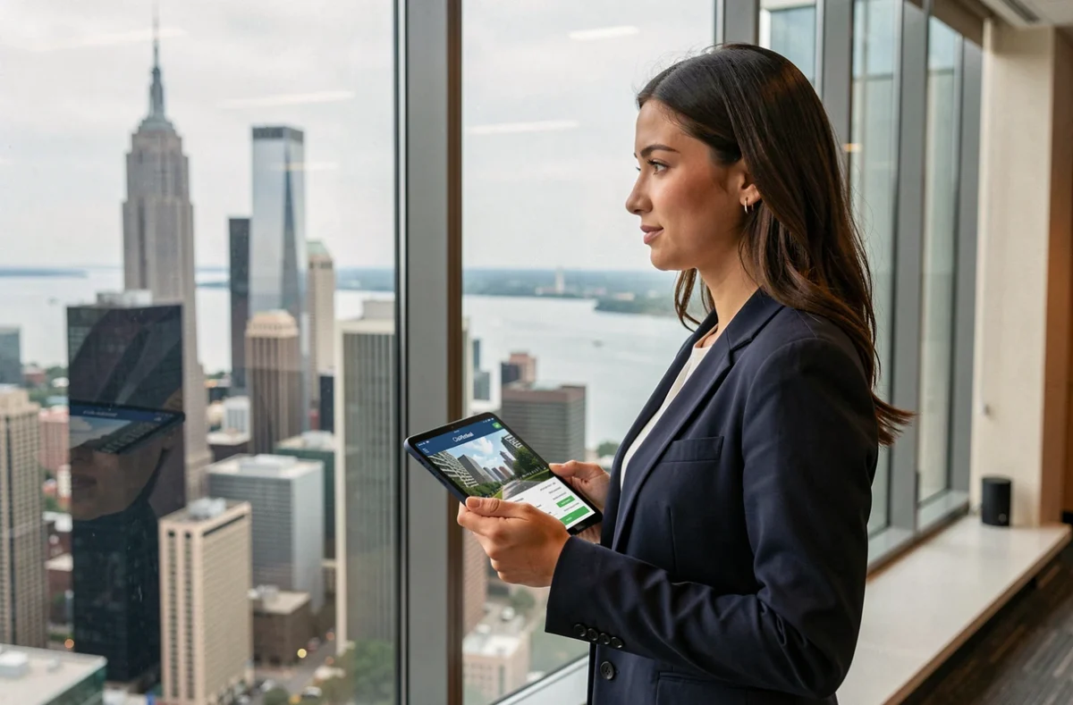 Femme professionnelle utilisant une visite virtuelle sur tablette devant une baie vitrée panoramique du Citadel Center avec vue sur Chicago