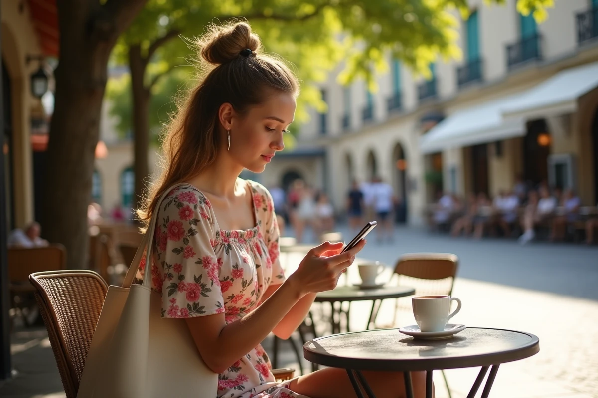 Voyageuse seule attablée en terrasse sur une place animée d'Alès, profitant de l'atmosphère locale en toute sérénité