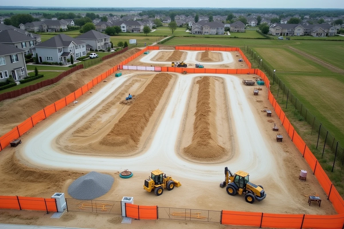 Vue aérienne d'un lotissement en cours de viabilisation avec tranchées et voiries en construction